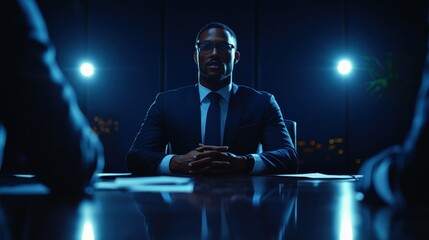 Obraz premium business strategy operations scalability concept. A confident man in a suit sits at a dark conference table, illuminated by backlighting, engaged in a serious discussion.