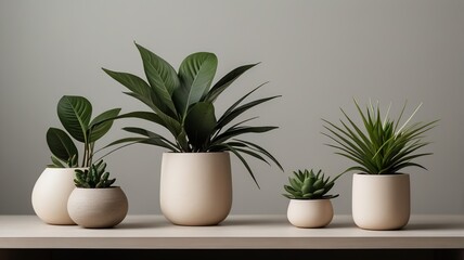 Obraz premium Elegant arrangement of modern plant decor on a minimalist tabletop with neutral background.