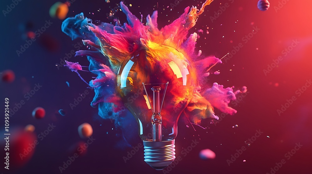 Poster 3d rendering of a light bulb in a colorful explosion of paint - generated ai