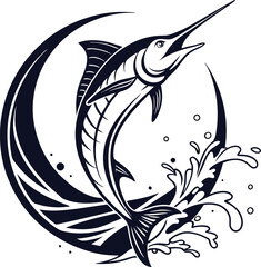 A marlin fish jumping in a crescent shape 
