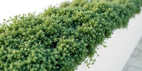 A delicate profusion of small green shrubs and bushes spilling over a crisp white edge creating a soft romantic vignette, floral arrangement, planters