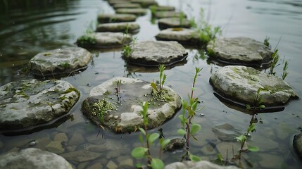 A simple shot of lake stones with algae and small plants growing between them, showing a natural, wet environment.