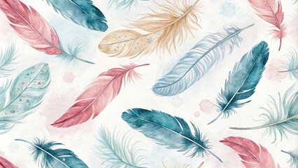 A delicate watercolor feather motif is repeated throughout the composition to create a sense of continuity and flow, delicate watercolor feathers, soothing atmosphere, fluid design