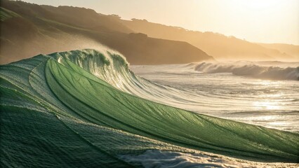A delicate wave of abstract green fabric catches the subtle curve of a morning sunbeam illuminating its intricate weave, peaceful scene, sunny disposition