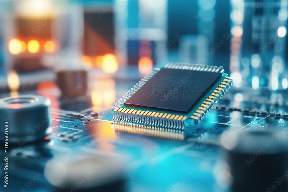 Poster glowing microchip on circuit board with bokeh lights.