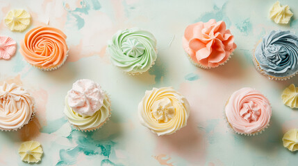 cupcake laid out on a light pastel surface, free space for text