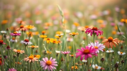 Obraz premium A field of wildflowers in soft focus with bold brushstrokes, wild flowers, white backdrop