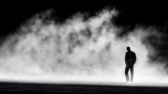 man's fears, materialized as dark, ominous fog, closing in around him.Double Exposure.[men]:[Fog in nature] 