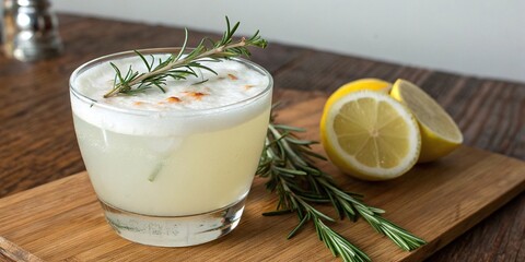 A glass of pisco sour on a wooden table with a sprig of rosemary and a lemon slice on the side, herbs, wooden table, tabletop decor, citrus