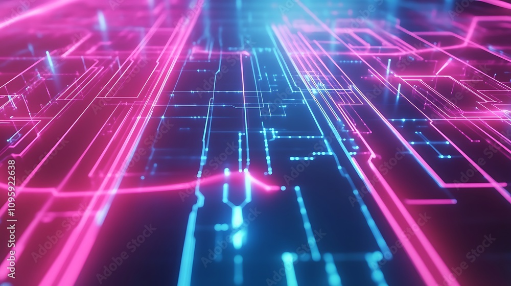 Poster 3d illustration of abstract technology background with glowing neon lines. network and data concept.
