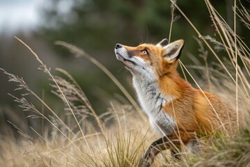 Fototapeta premium A red fox sits amidst tall, dry grasses, its head tilted upwards as if listening or sniffing the air.