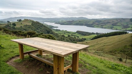 A large wooden table placed on a hillside overlooking a tranquil green valley with rolling hills and a distant lake, lake in the distance, outdoor decor, hillside view