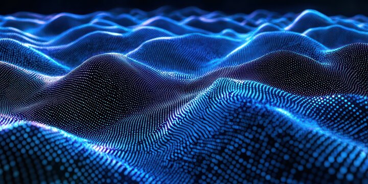 Binary code cascading in a wave pattern across a black and electric blue background, symbolizing data and digital technology.