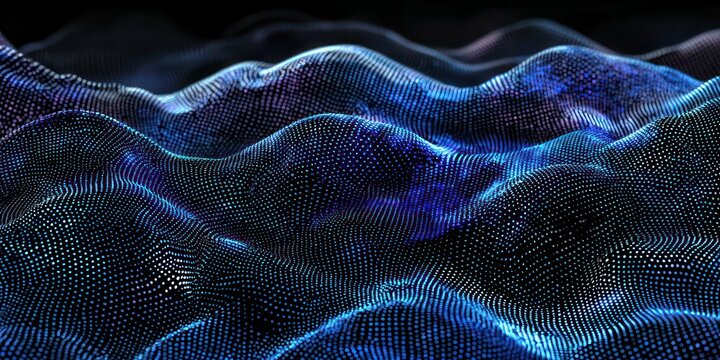 Binary code cascading in a wave pattern across a black and electric blue background, symbolizing data and digital technology.