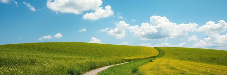 Fototapeta premium A lush green meadow with a winding path leading through it under a clear blue sky with puffy white clouds gently floating by, lawn meadow, winding path, scenic views