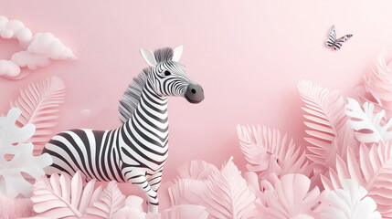 3d cartoon of zebra with pastel background, free space for text