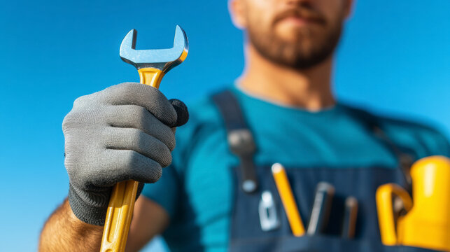 Skilled Worker Holds a Golden Wrench in Front of a Clear Blue Sky, Showcasing Tools Attached to His Work Overall, Highlighting Readiness for Maintenance Tasks and Repairs