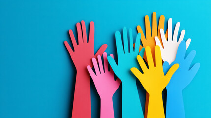 Colorful Paper Hands Raised Against a Bright Blue Background Symbolize Community, Support, and Participation in Cooperative Activities