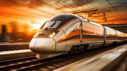 Fototapeta premium High-Speed Train Racing Towards the Sunset: A Stunning Display of Modern Transportation and Scenic Beauty at Golden Hour