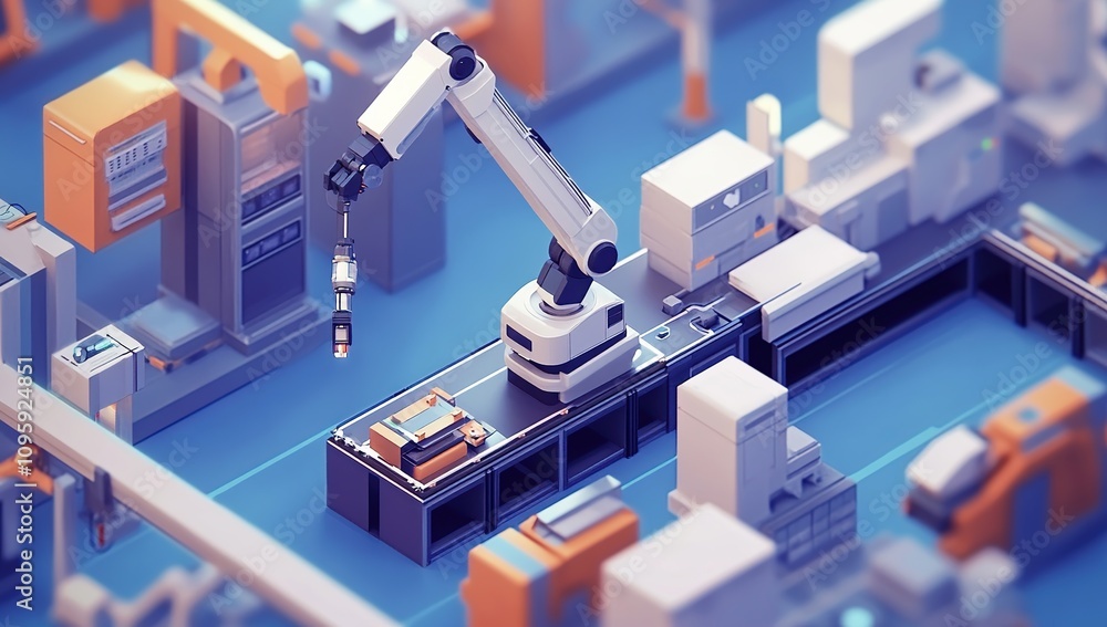 Poster futuristic factory automation: a low-poly 3d render of a robotic arm assembling parts on a conveyor 