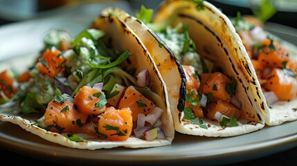 Delicious salmon tacos ready to eat. Perfect for menus, blogs, or recipe websites showcasing fresh seafood dishes.