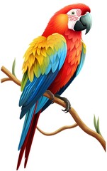 Obraz premium Vibrant Scarlet Macaw Perched on a Branch: A Detailed Illustration of a Tropical Bird with Vivid Red, Blue, and Yellow Plumage