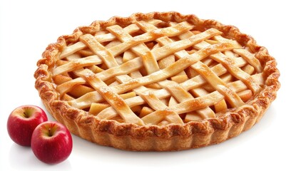 Classic Apple Pie with Lattice Crust and Red Apples on White Background