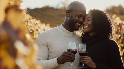 Couple Enjoys a Romantic Moment in a Vineyard During Sunset While Toasting With Glasses of Red Wine