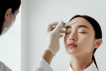 Asian woman receiving forehead filler injection and doctor using plastic cannula needle on white background. Non-surgical facial for anti-aging treatments.