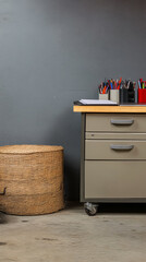 Workspace setup with desk storage and crafting supplies in a creative environment