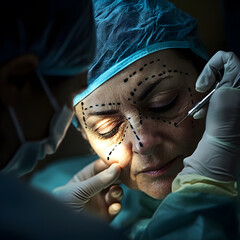 Surgeon performing facial markings for cosmetic procedure in operating room clinical environment close-up viewpoint medical concept