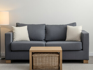 Modern living room setup with gray sofa and wooden coffee table featuring woven storage
