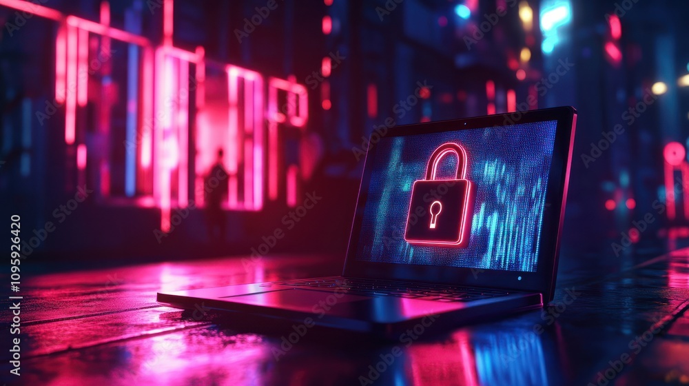 Poster .laptop with padlock. password and scanning unlock and access to business data network. cloud. biome