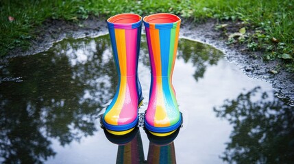 Colorful Rain Boots Standing in a Puddle on a Grass Surface