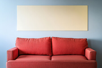 Modern living room with red couch against light blue wall showcasing simplicity and comfort
