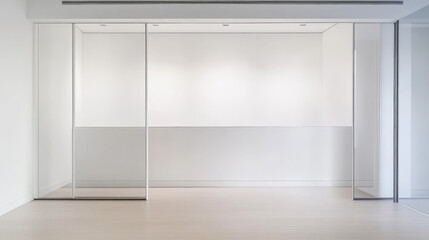 Modern minimalist interior design features sleek glass walls and neutral tones in spacious room