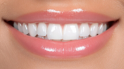 Bright and Healthy Smile Showcasing Perfect Teeth With a Glossy Finish in a Close-Up View, Representing Good Oral Hygiene and Self-Care