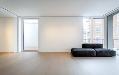 Fototapeta premium Modern minimalist interior design featuring a black sofa and large windows in a spacious room