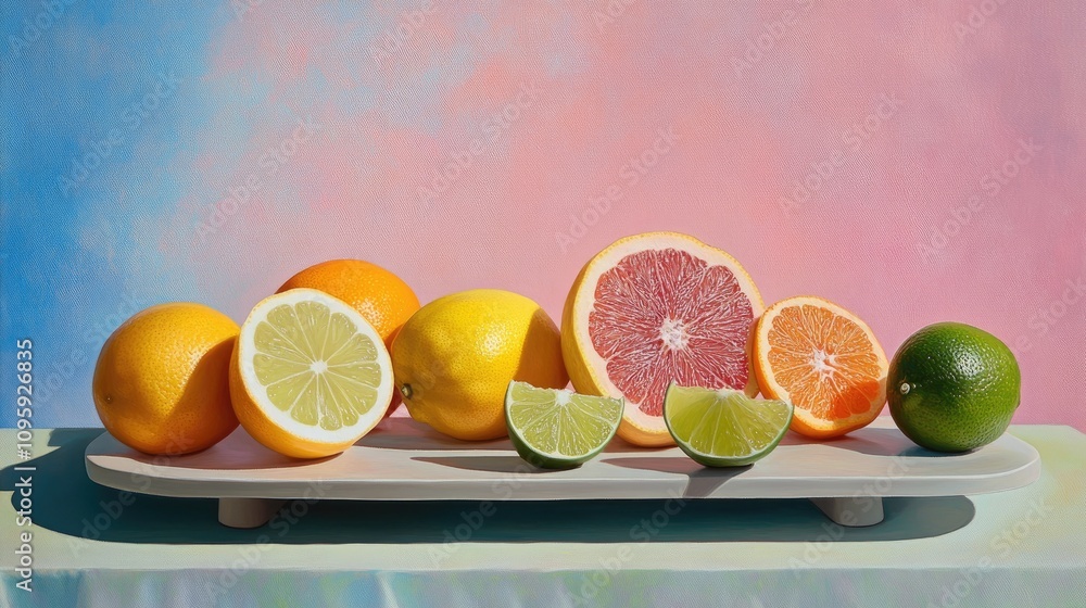Aufkleber fresh citrus fruits on display with colorful abstract background