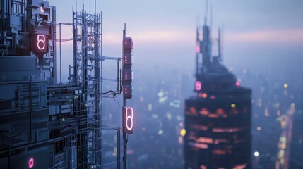 5G network transmitters on the roof of a skyscraper