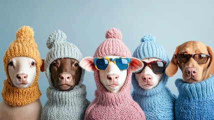 Funny Pets Wearing Colorful Knitwear and Sunglasses Pose Together in a Playful Fashion Setting