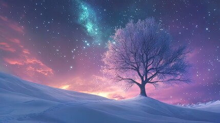 A lone, frost-covered tree stands on a snow-covered hill under a vibrant, starry night sky.