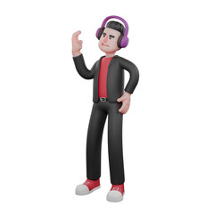 Animated Dance Choreographer Model. A male choreographer stands with his right hand on his waist and his left hand raised up with a happy expression. 3D Performer