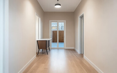 Fototapeta premium Bright hallway leading to patio area with modern design and minimalist furniture