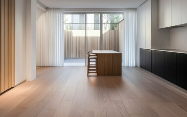 Obraz premium Spacious modern kitchen with wooden accents and natural light in contemporary apartment