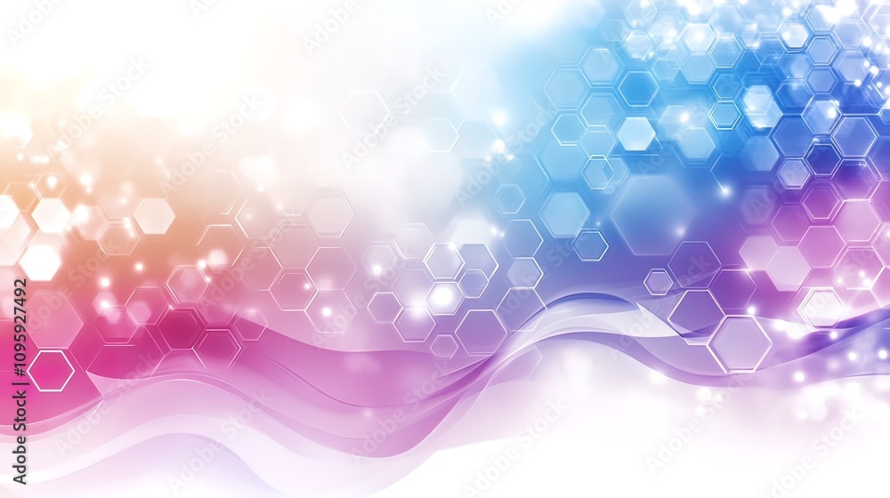 Poster abstract colorful hexagonal wave background with glowing lights and soft pastel tones.
