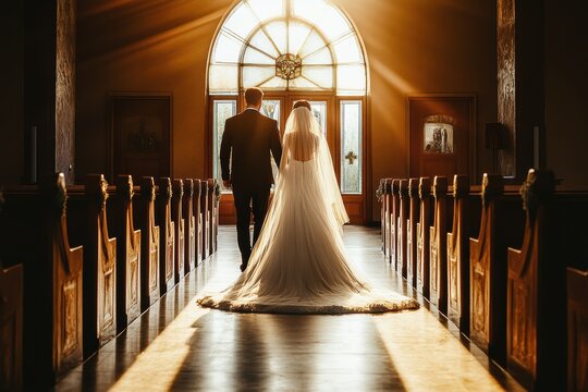 Bride and groom walking down aisle. Perfect for wedding websites, blogs, or articles about marriage ceremonies.