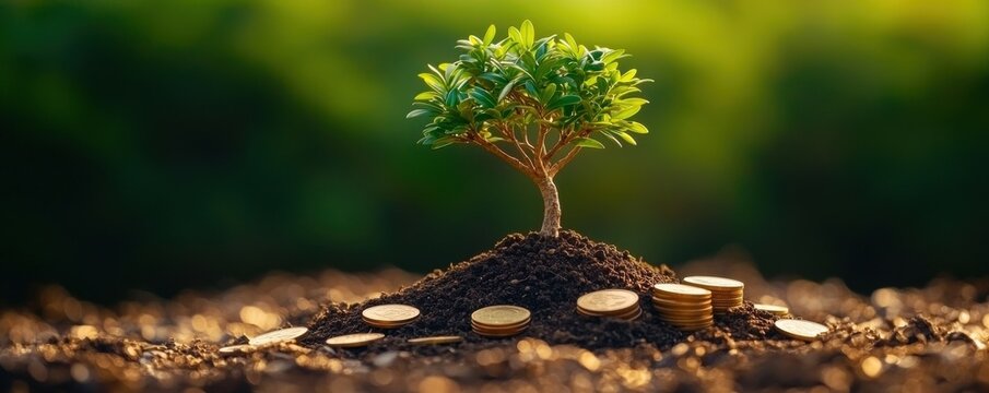 Small tree growing coins soil concept. A small tree growing from soil surrounded by coins, symbolizing growth, sustainability, and financial investment.