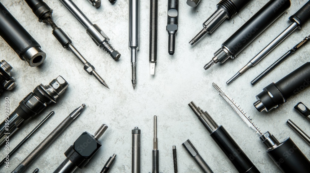 Poster various precision tools arranged in circular pattern on gray surface