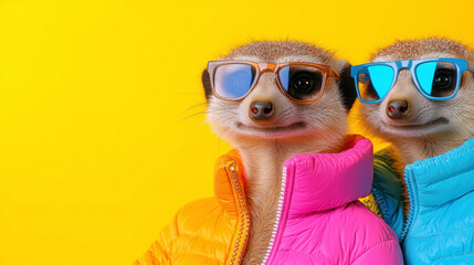 Two Cheerful Meerkats Wearing Colorful Jackets and Sunglasses Pose Against a Vibrant Yellow Background, Exuding a Playful and Fun Atmosphere